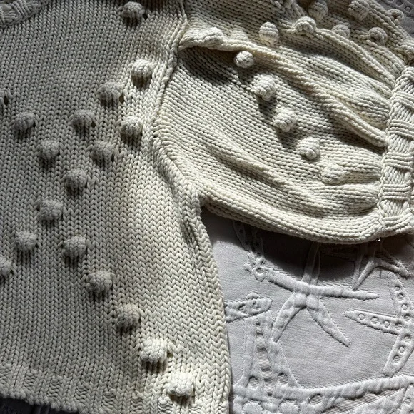 Sabo Cream Chunky Knit Pom Pom Sweater Poncho Oversized Small Boho Cozy - Picture 8 of 10